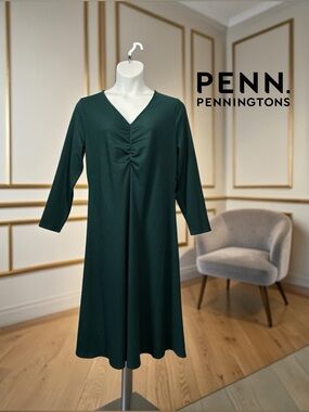 NEW, Penningtons, Plus Size 1X, Green Midi Dress, Ruched V-Neck, Stretch